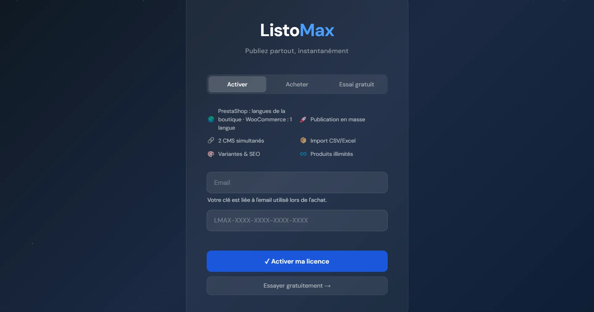 Écran de licence ListoMax, onglet Activer : champs e-mail et clé de licence