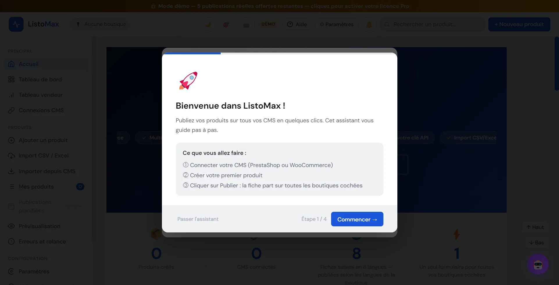 Assistant de démarrage : Bienvenue dans ListoMax, étape 1 sur 4