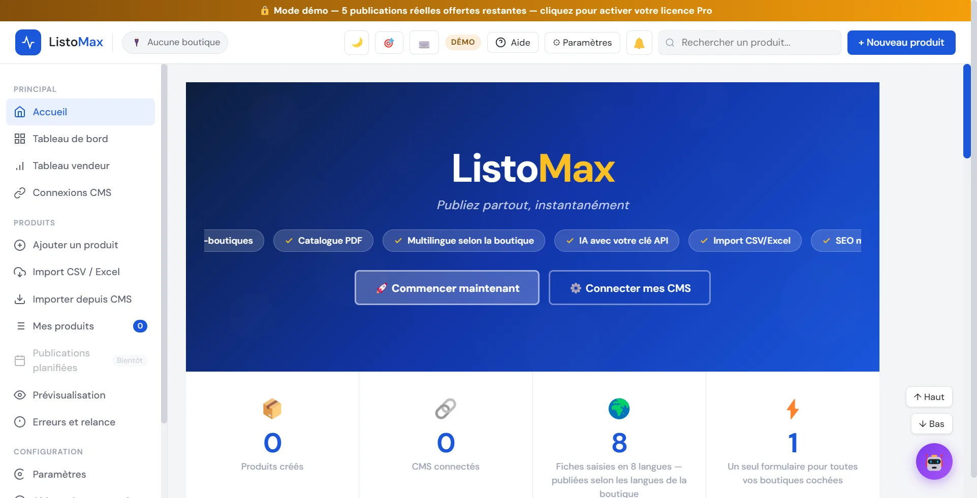 Écran d’accueil de ListoMax