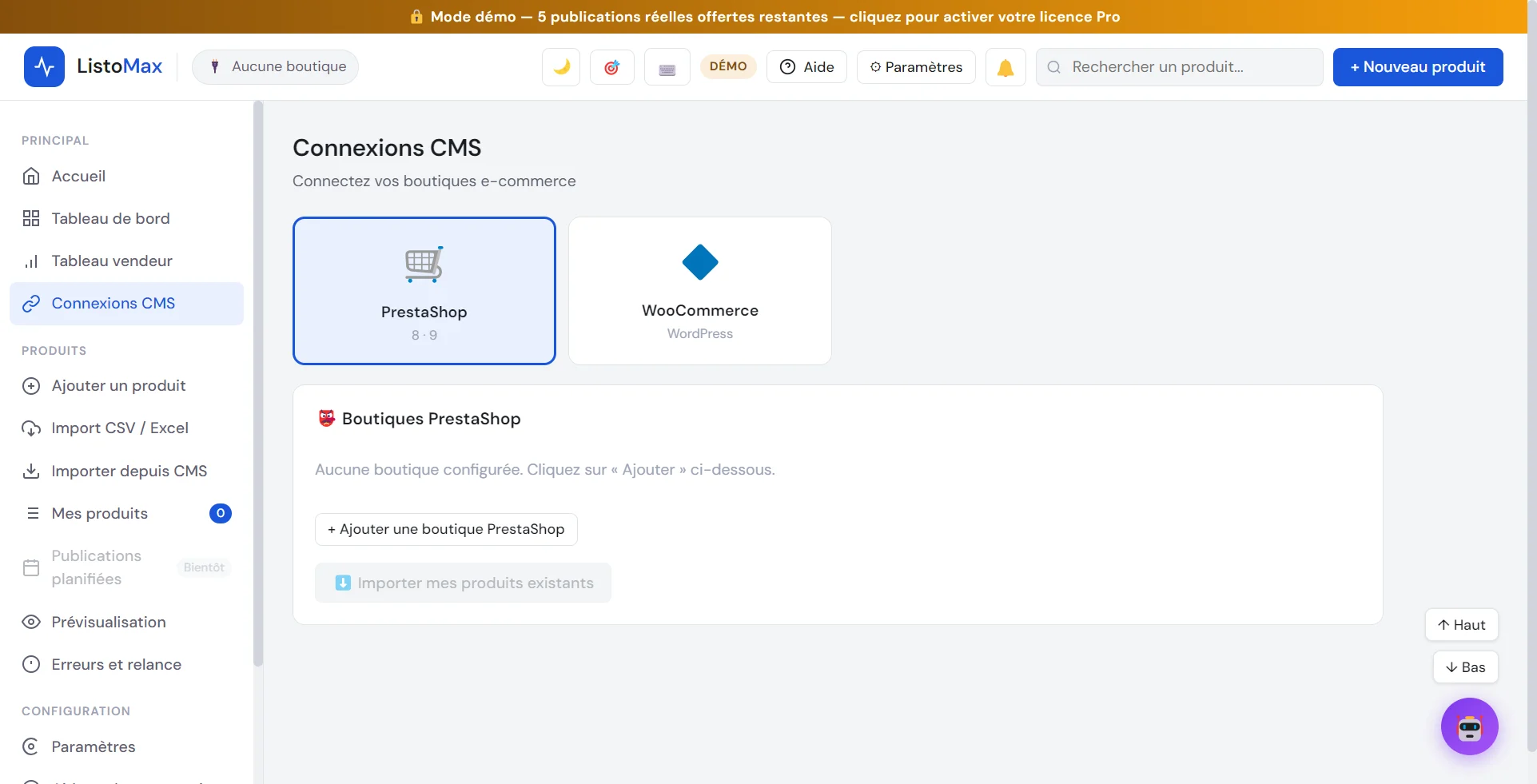 Écran Connexions CMS avec les choix PrestaShop et WooCommerce