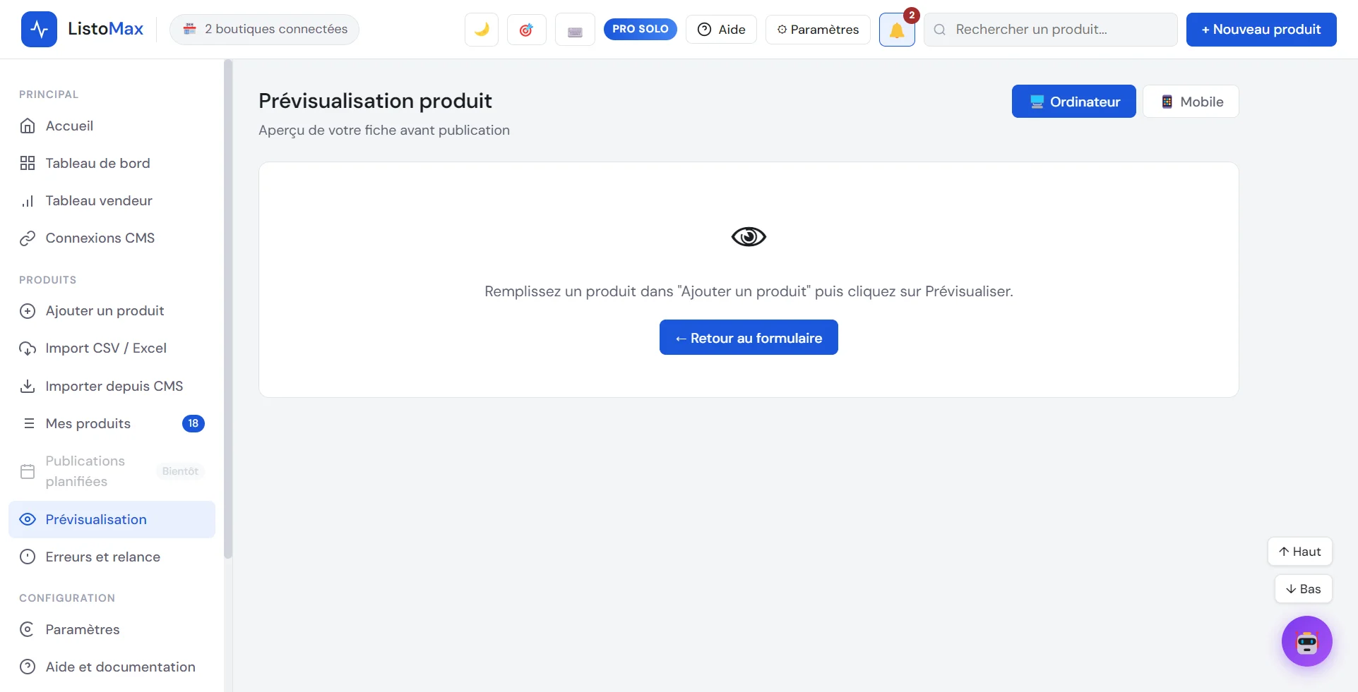 Écran Prévisualisation de la fiche