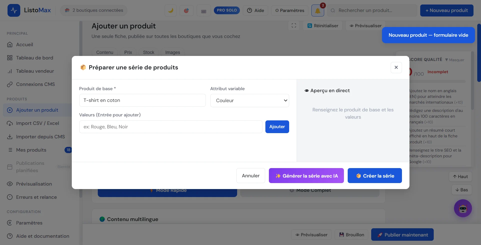 Fenêtre Préparer une série de produits