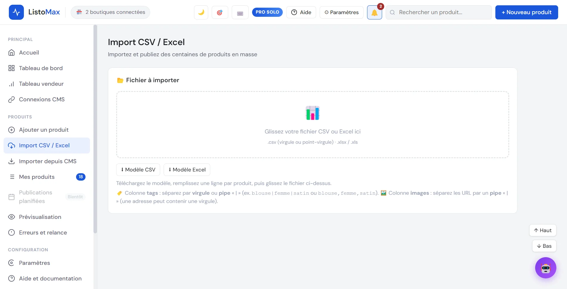 Écran Import CSV / Excel