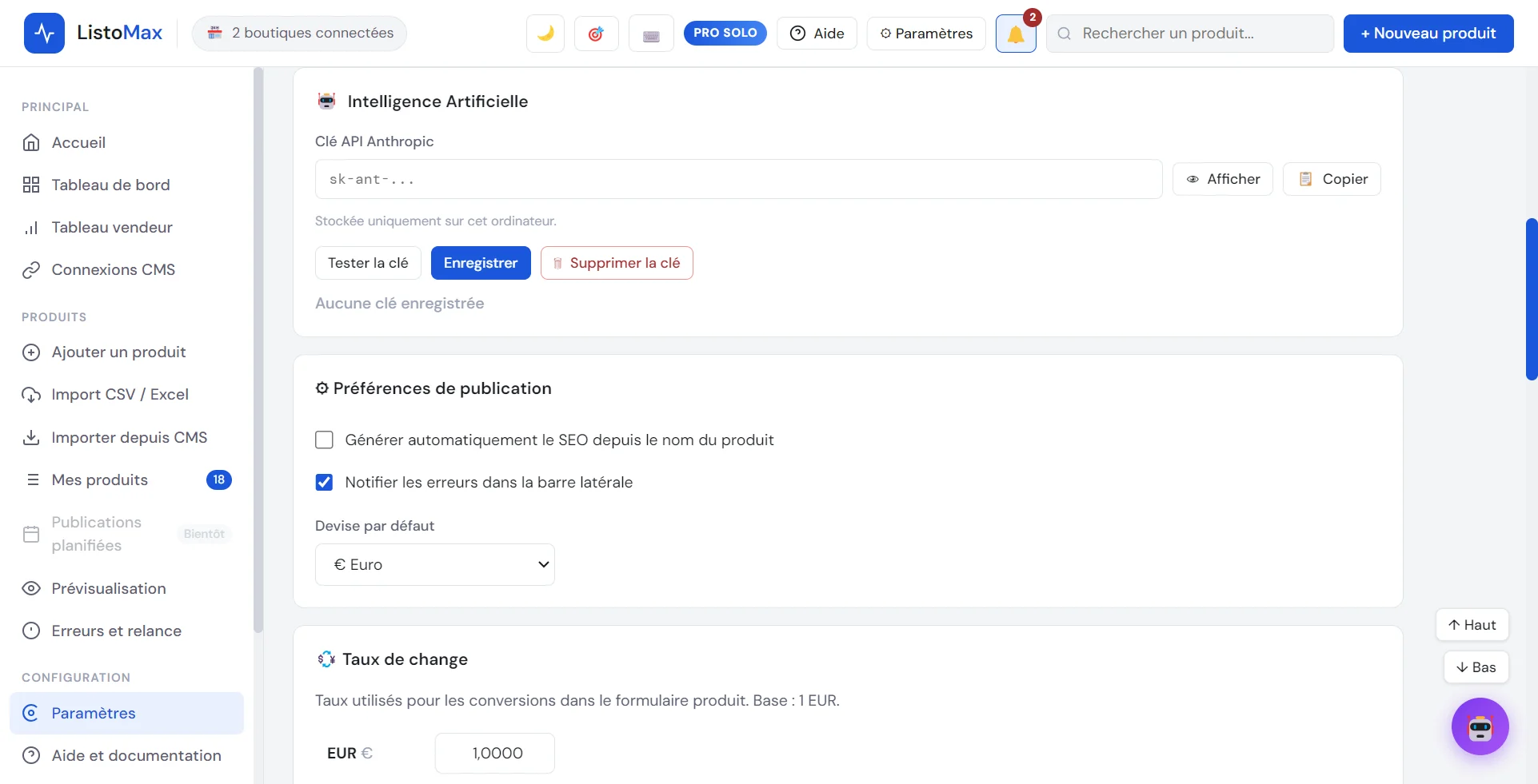 Paramètres : Intelligence Artificielle, clé API Anthropic