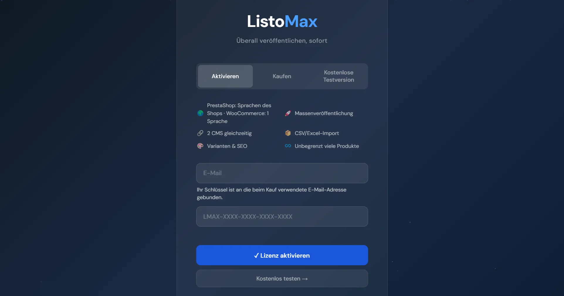 Lizenzbildschirm von ListoMax, Reiter Aktivieren: E-Mail und Lizenzschlüssel