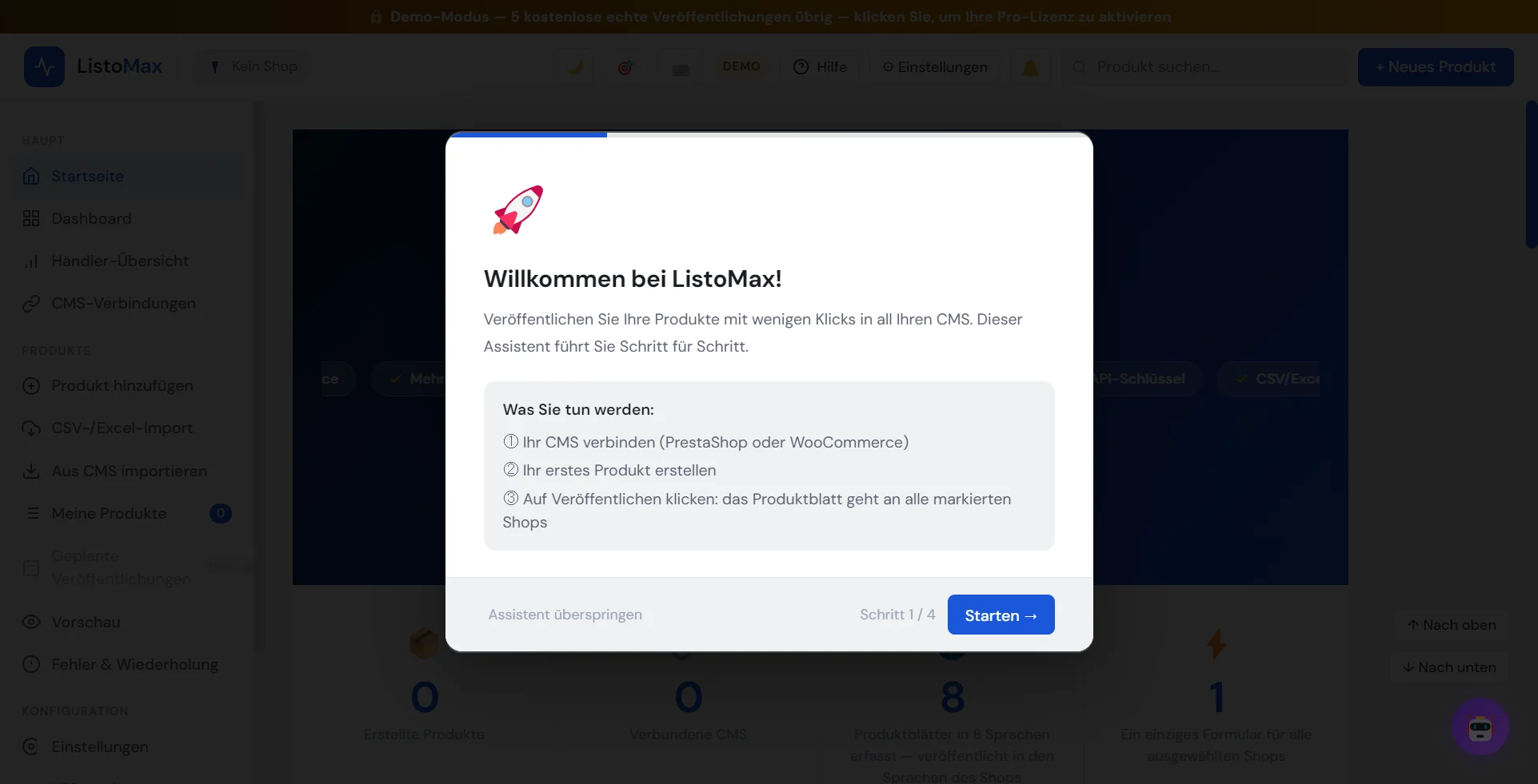 Einrichtungsassistent: Willkommen bei ListoMax, Schritt 1 von 4