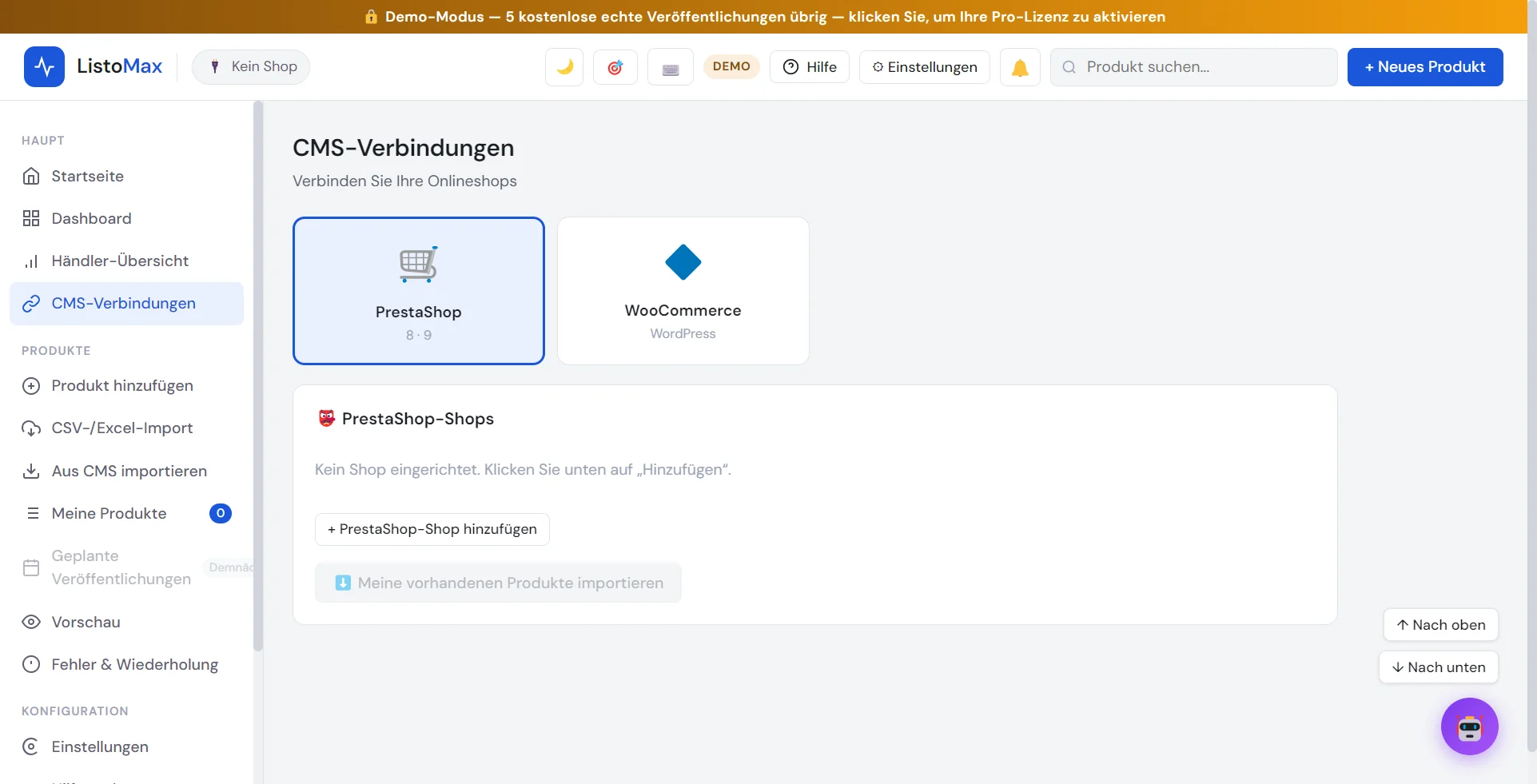 Bildschirm CMS-Verbindungen mit PrestaShop und WooCommerce