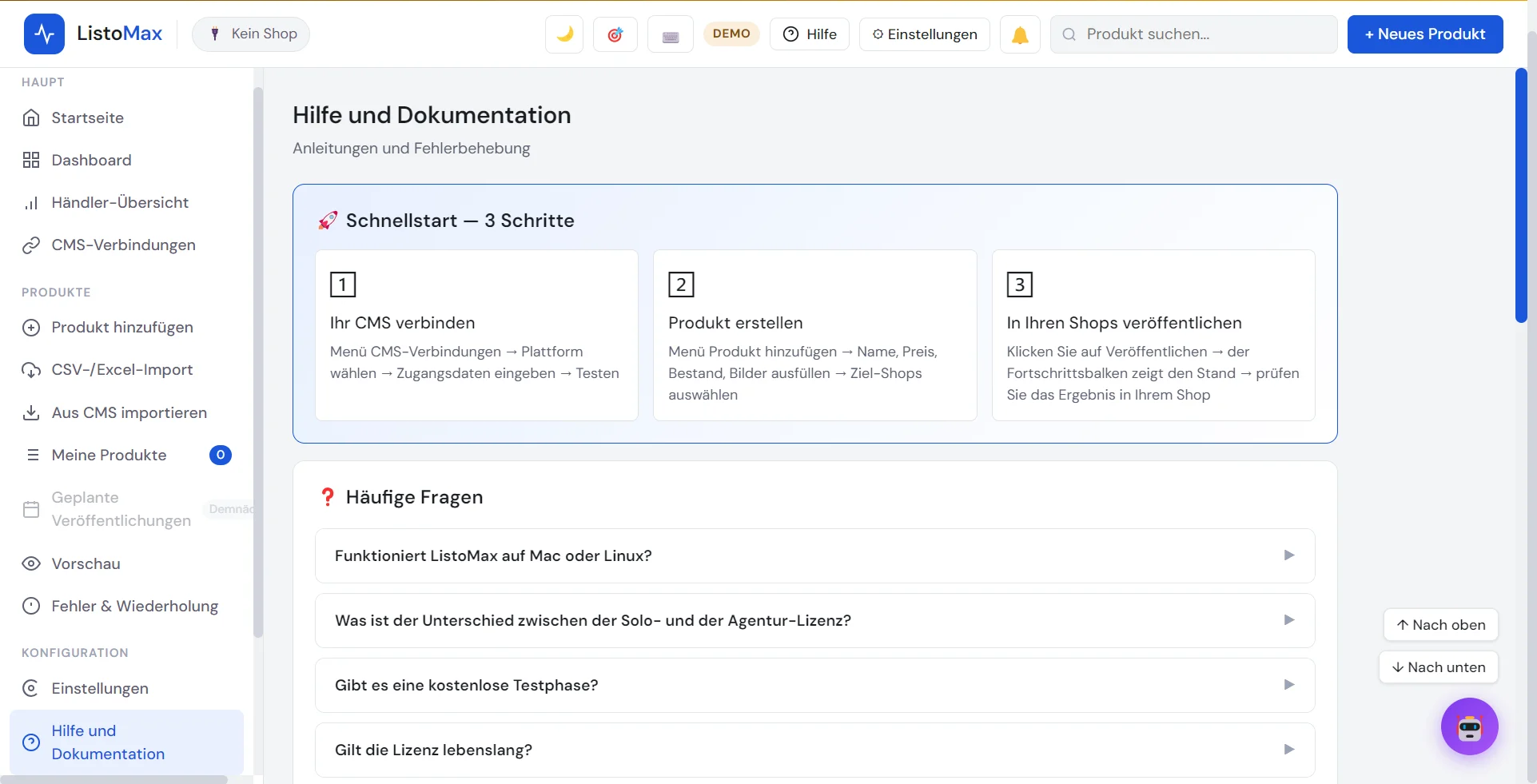 Bildschirm Hilfe und Dokumentation von ListoMax