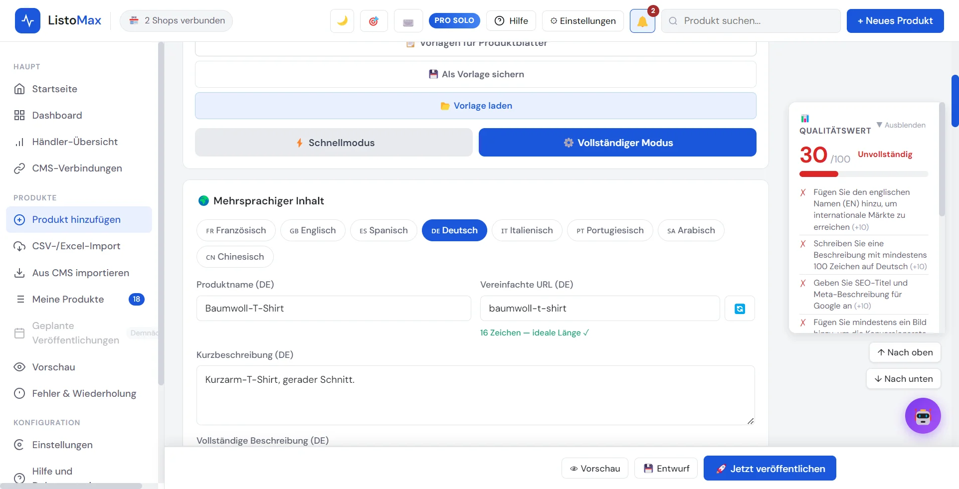 Sprachreiter des Produktformulars