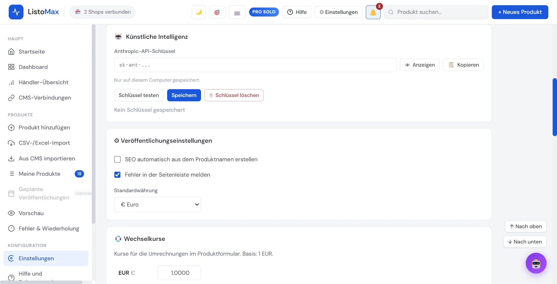 Einstellungen: Künstliche Intelligenz, Anthropic-API-Schlüssel