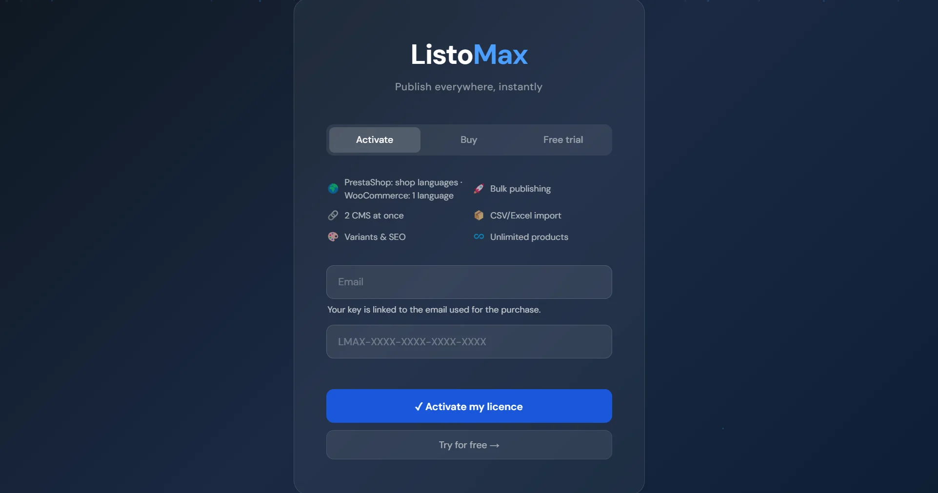 ListoMax licence screen, Activate tab: email and licence key fields