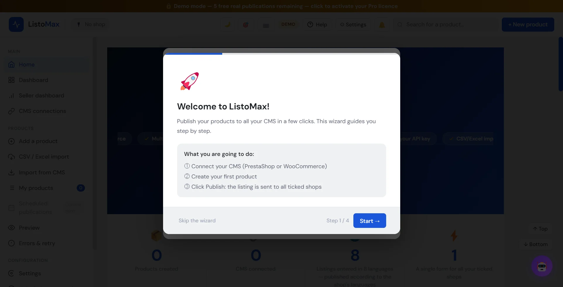 Setup assistant: welcome to ListoMax, step 1 of 4