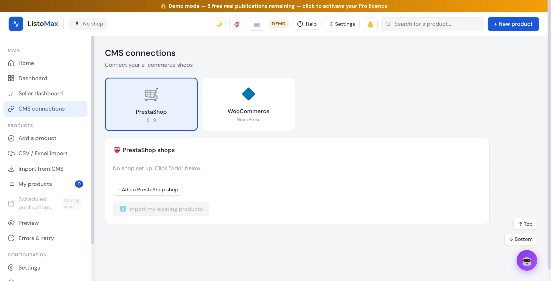 CMS connections screen with the PrestaShop and WooCommerce choices
