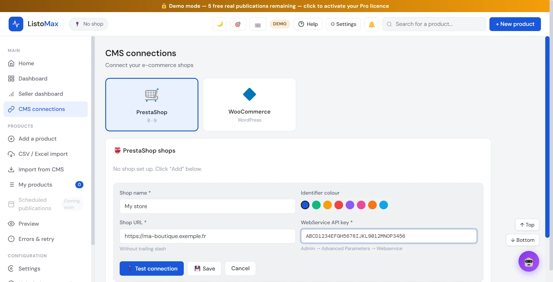Form to add a PrestaShop store: name, colour, address, Webservice API key