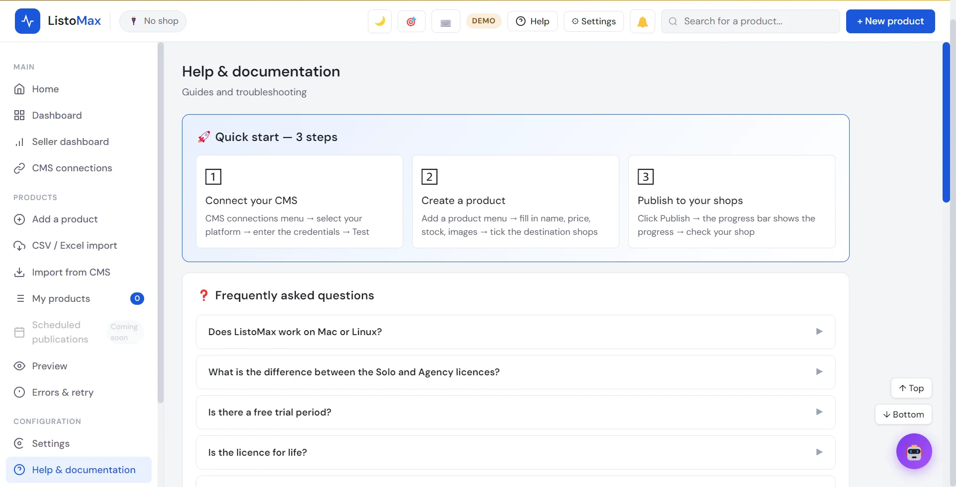 ListoMax Help and documentation screen