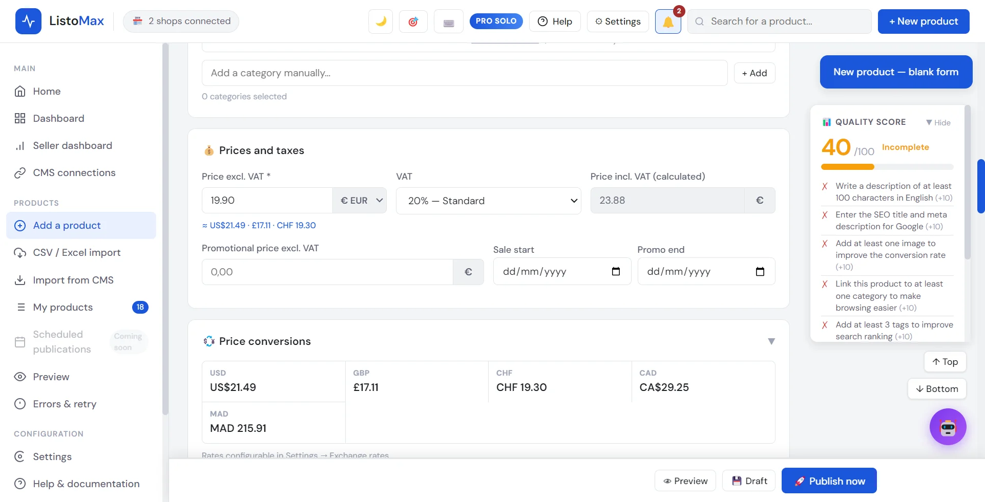 Reference, price and stock fields