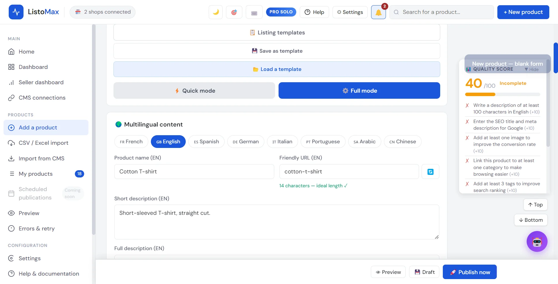 Language tabs of the product form