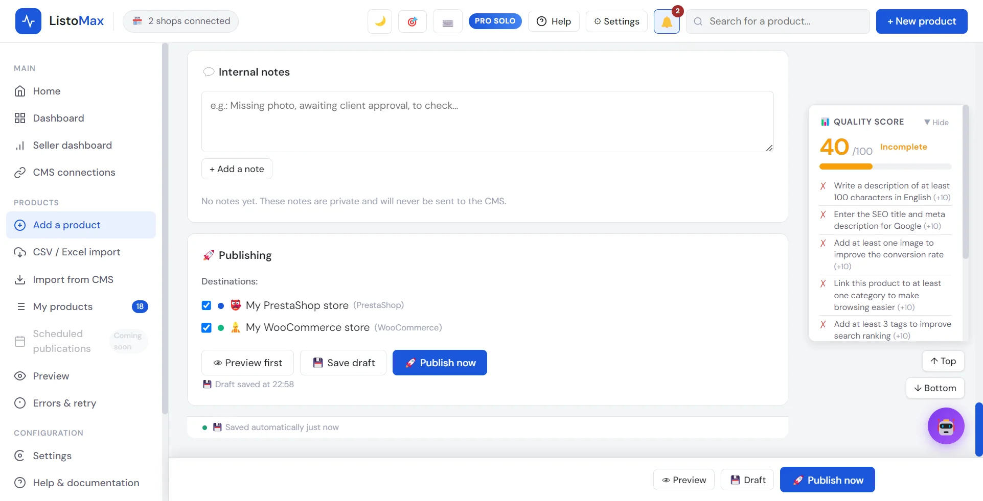 Publication area: ticked stores and Publish now button