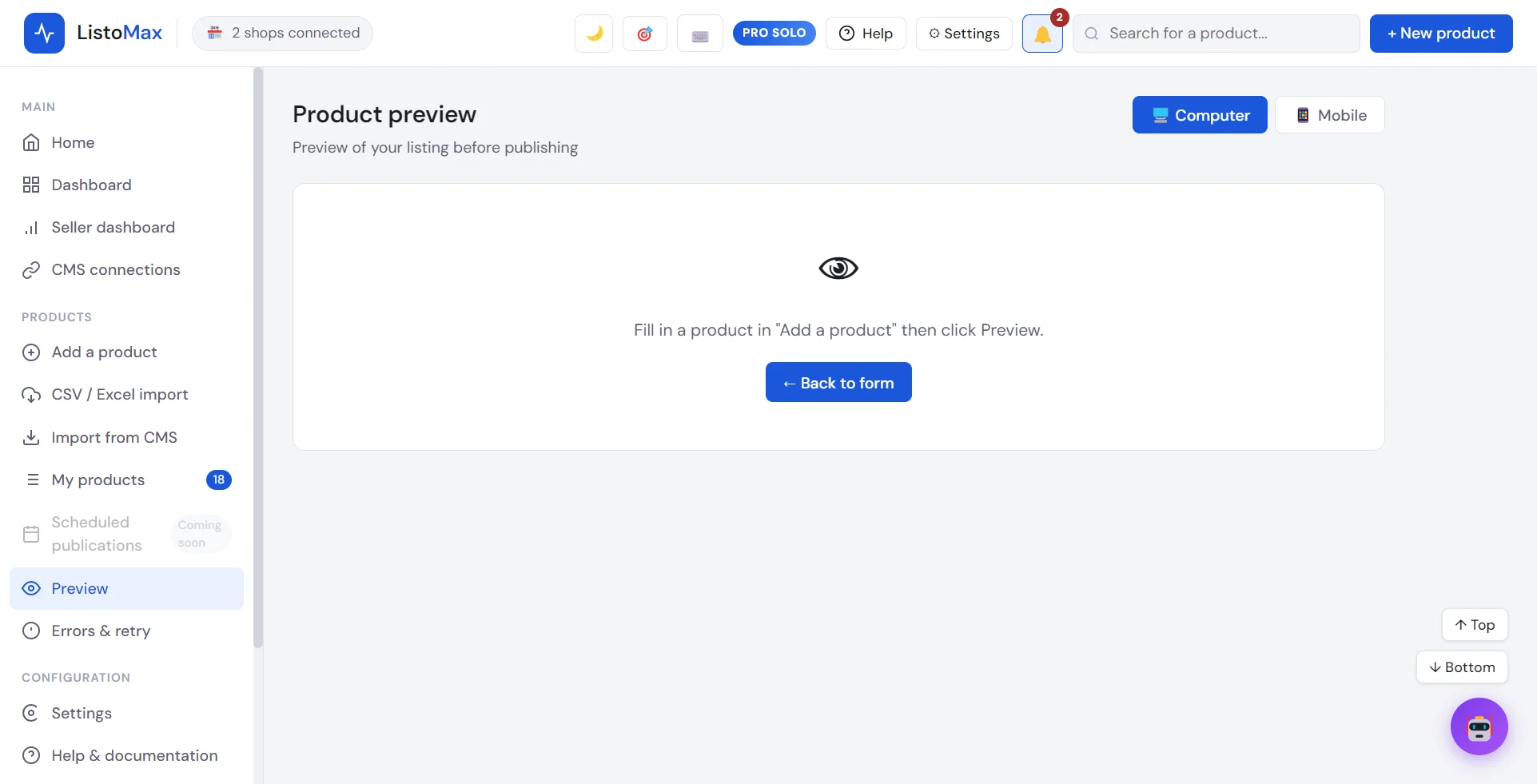 Listing preview screen