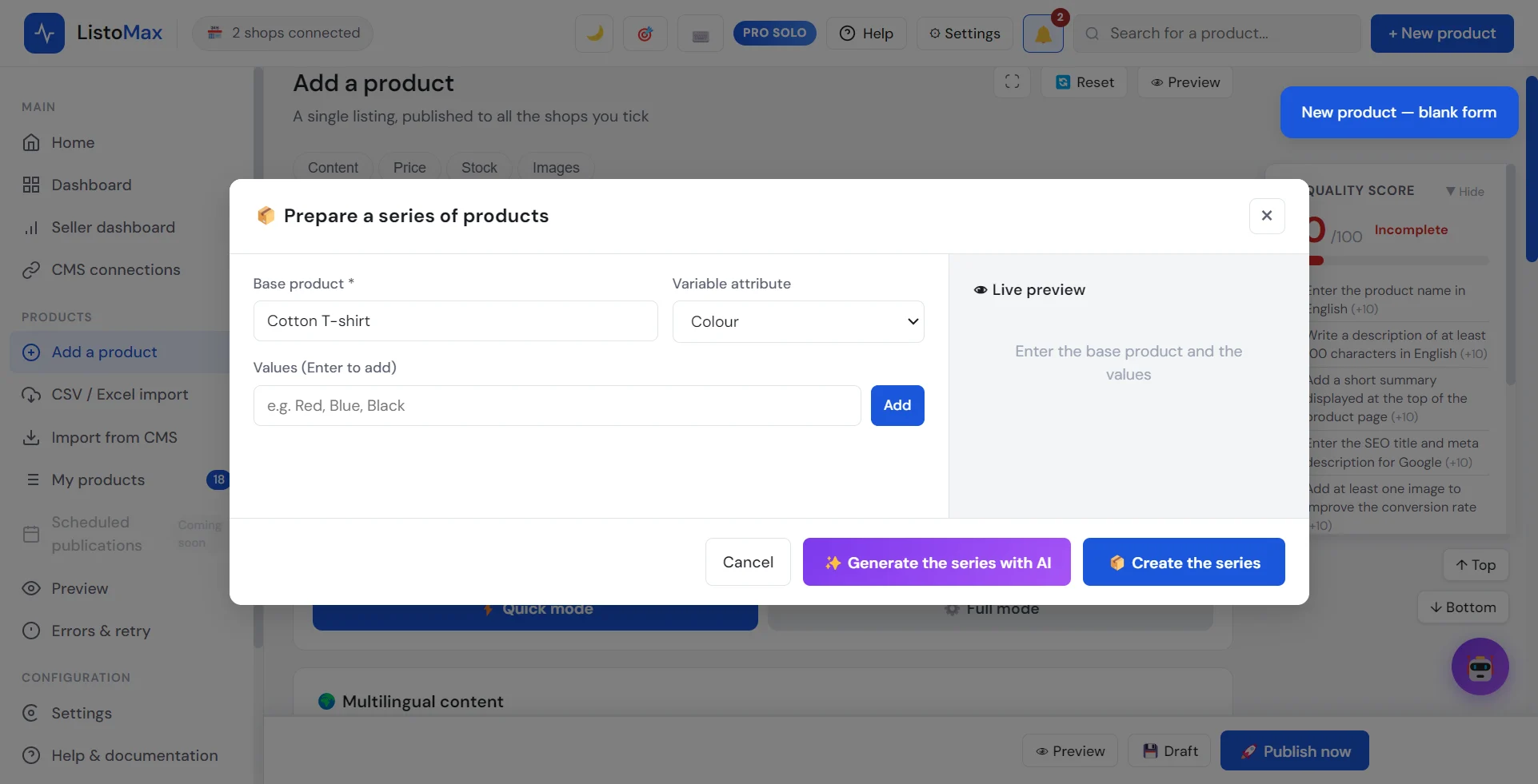 Prepare a series of products window