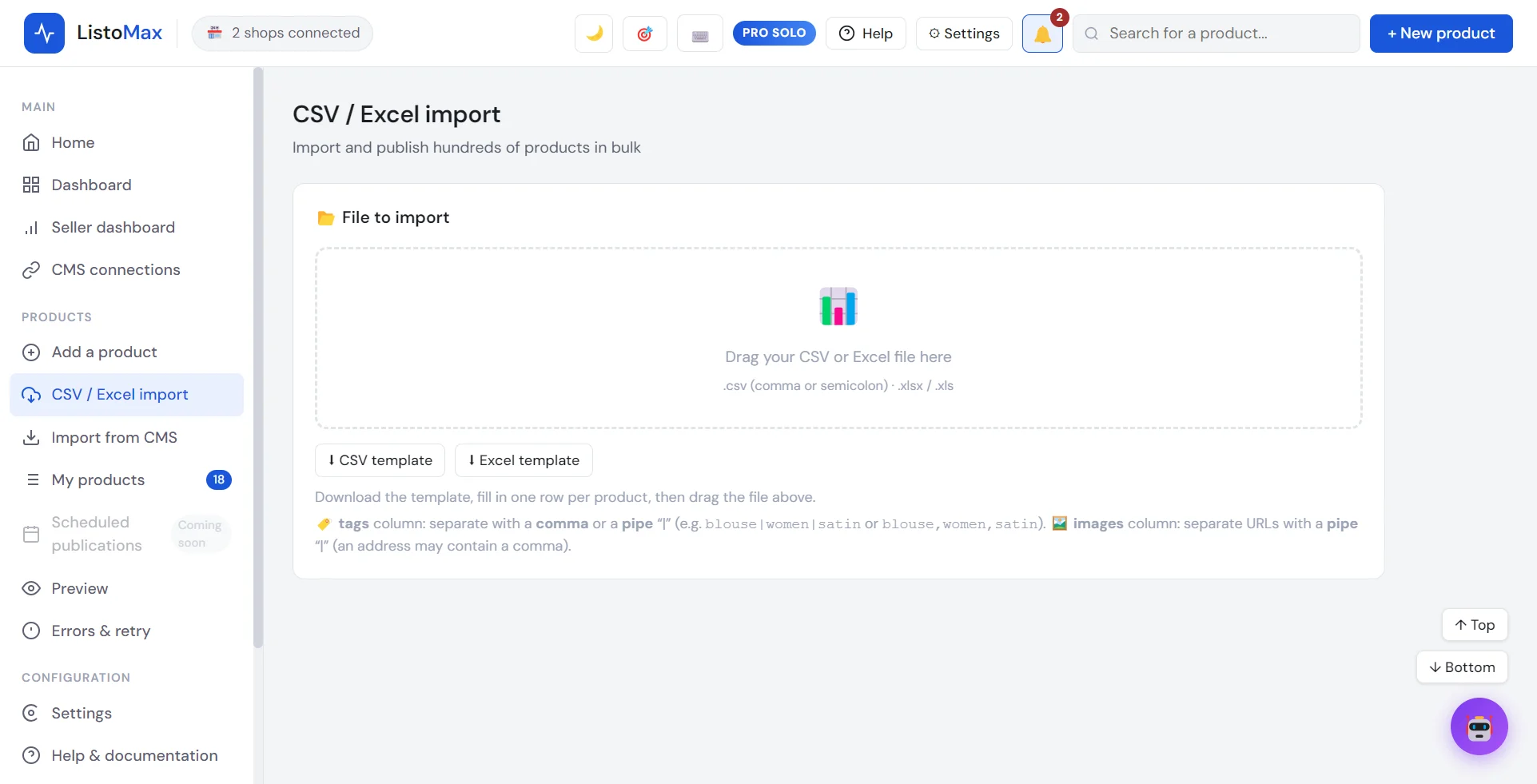 CSV / Excel import screen