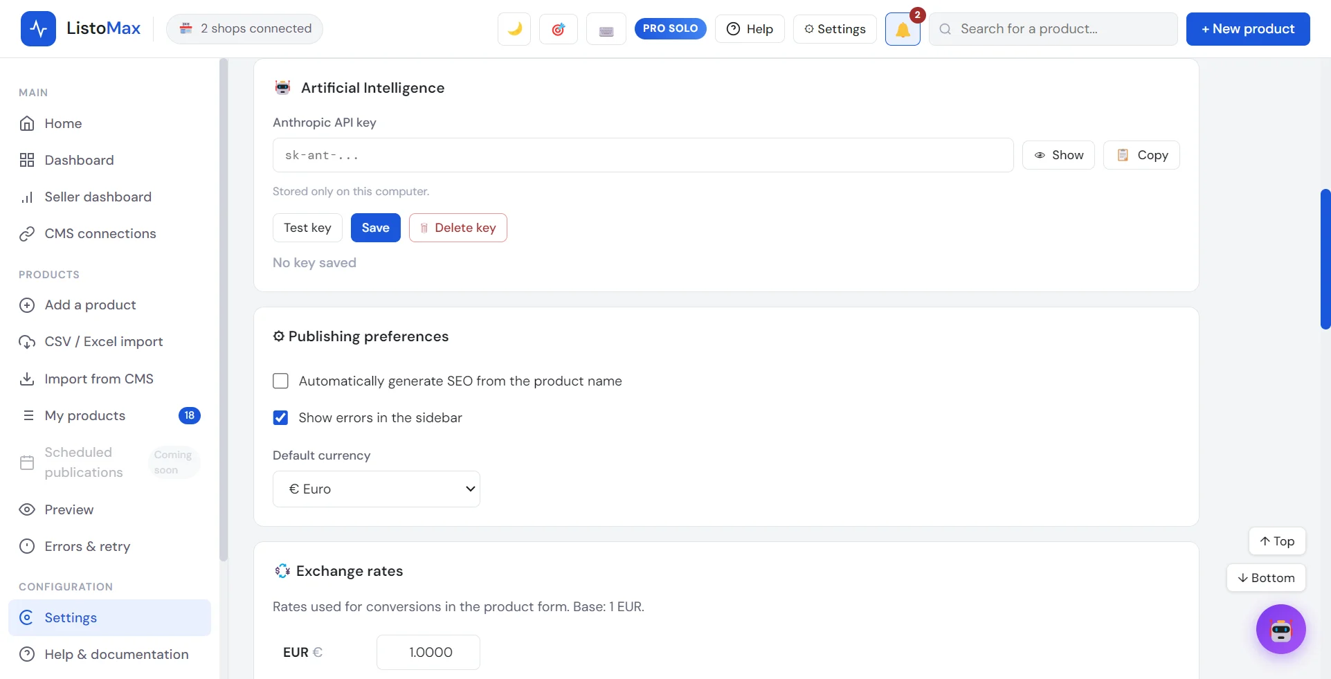 Settings: Artificial Intelligence, Anthropic API key