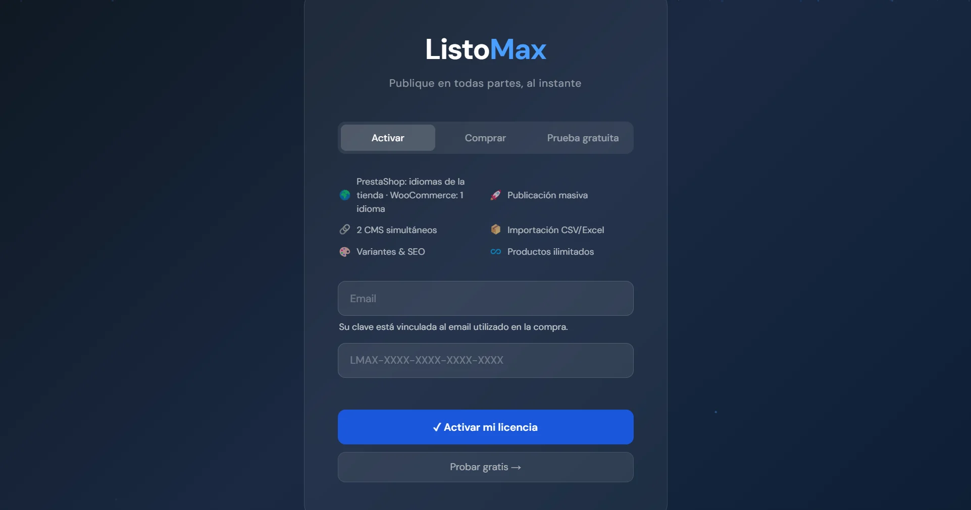 Pantalla de licencia de ListoMax, pestaña Activar: campos de correo y clave
