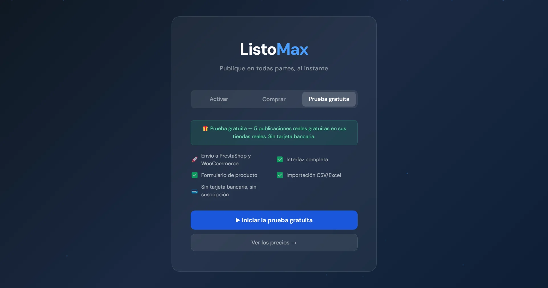 Pestaña Prueba gratuita: 5 publicaciones reales incluidas