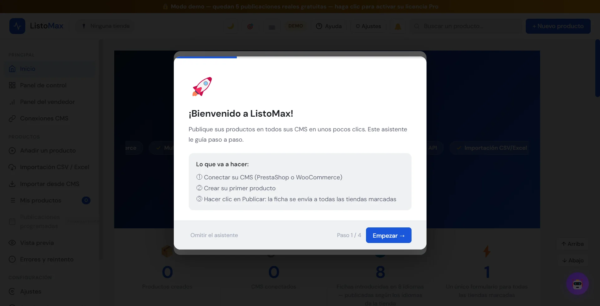 Asistente de inicio: bienvenido a ListoMax, paso 1 de 4