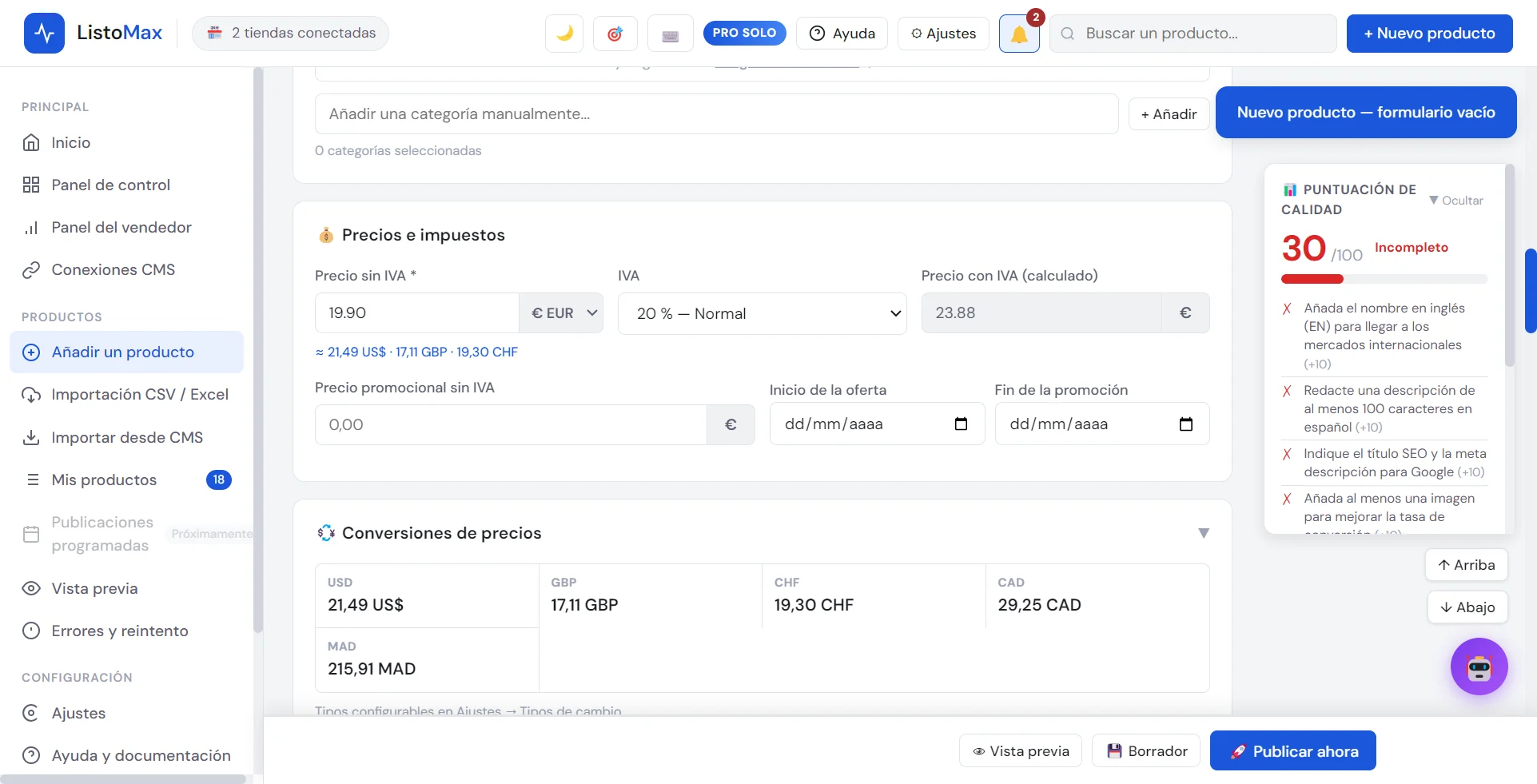 Campos de referencia, precio y existencias