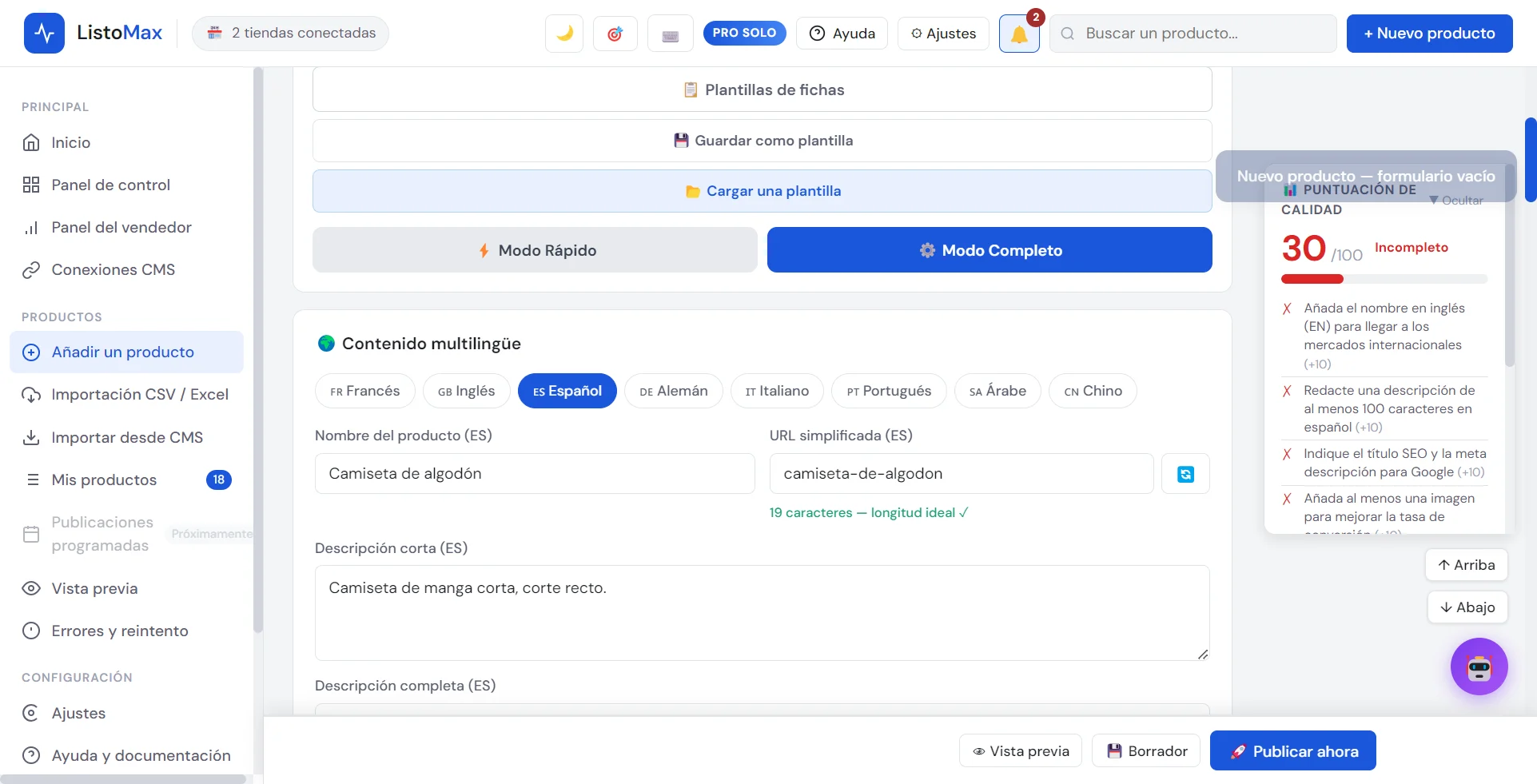 Pestañas de idioma del formulario de producto