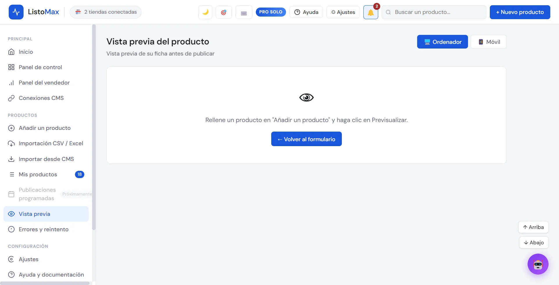 Pantalla de vista previa de la ficha