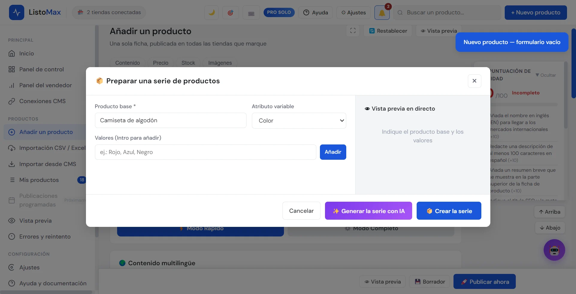 Ventana Preparar una serie de productos