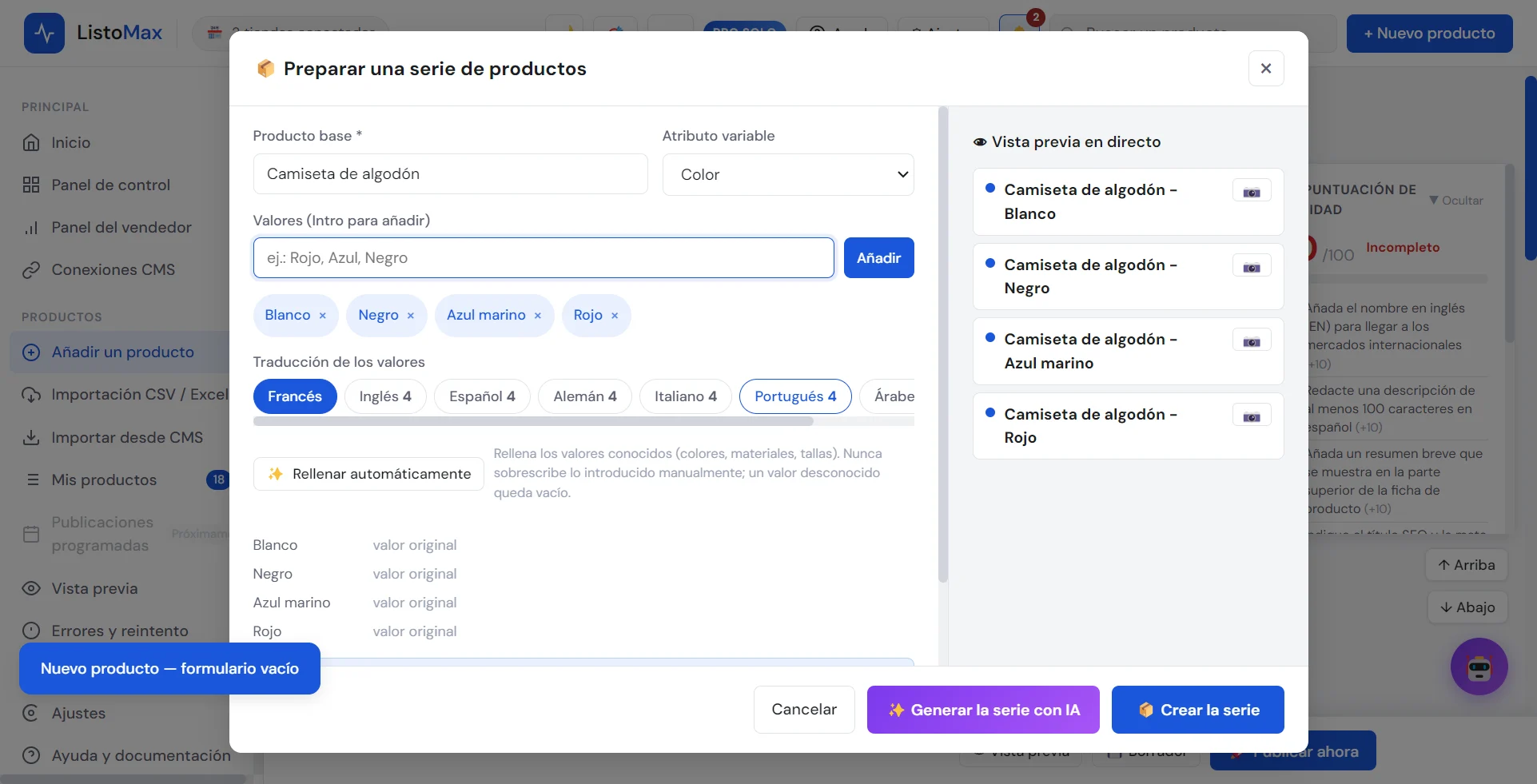 Valores añadidos a la serie