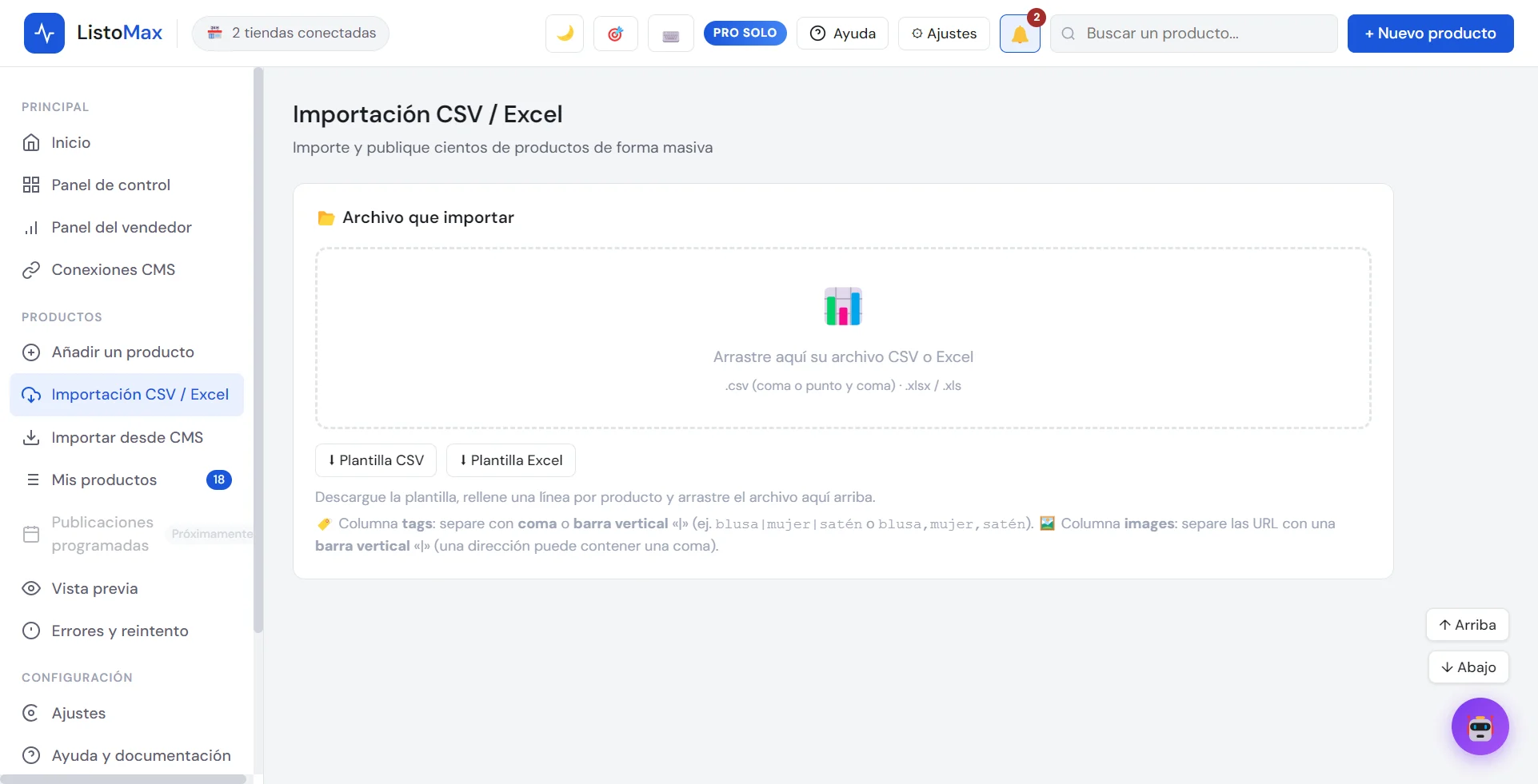 Pantalla de importación CSV / Excel