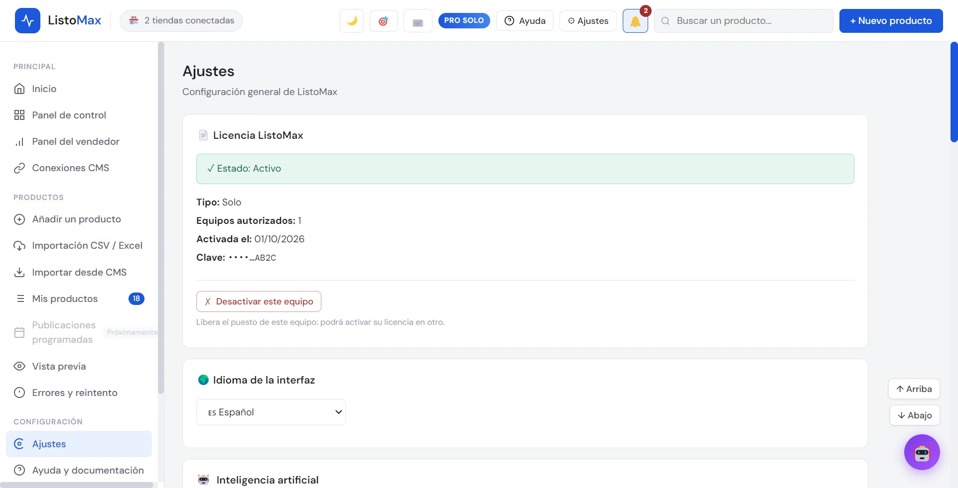 Ajustes: licencia activa, desactivar este equipo, idioma de la interfaz