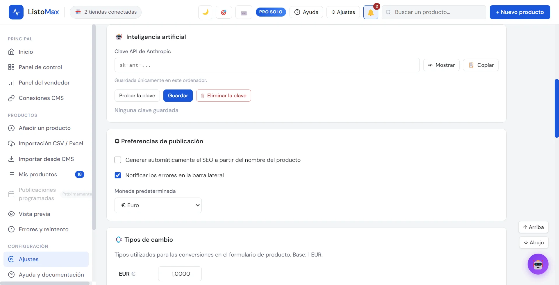 Ajustes: inteligencia artificial, clave API de Anthropic