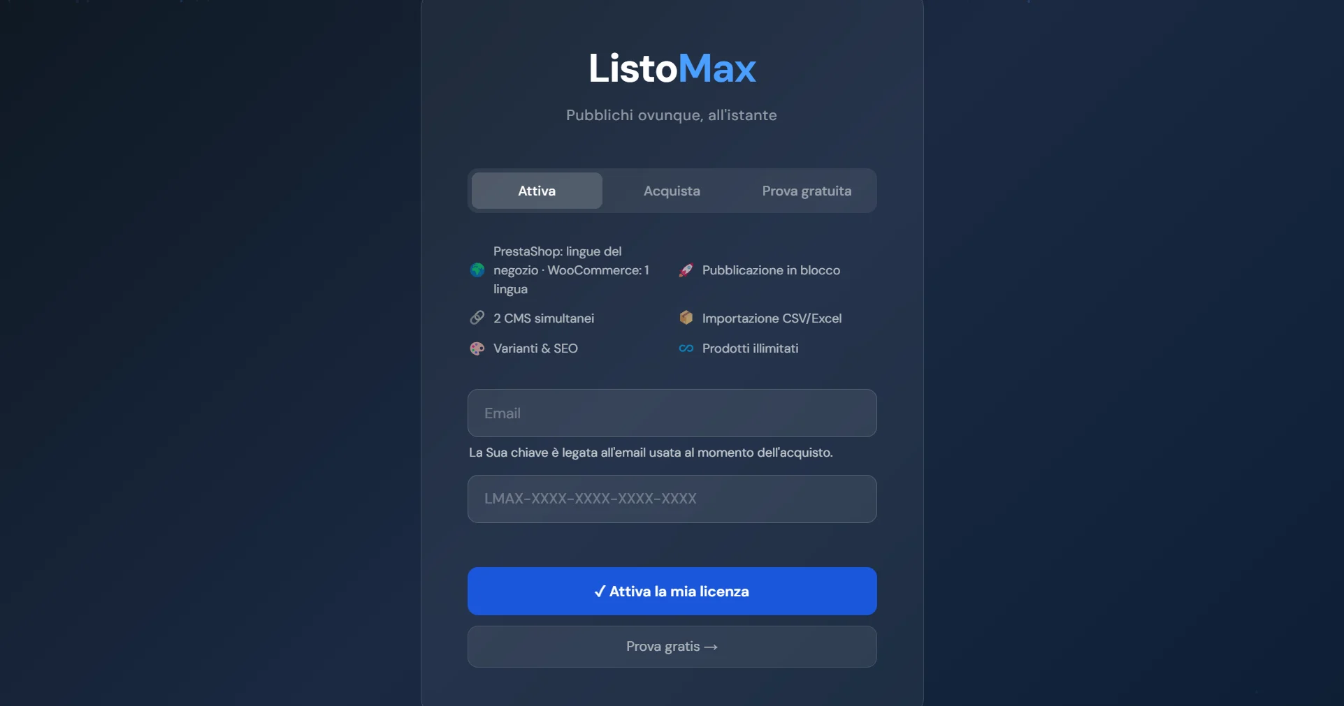 Schermata della licenza ListoMax, scheda Attiva: e-mail e chiave