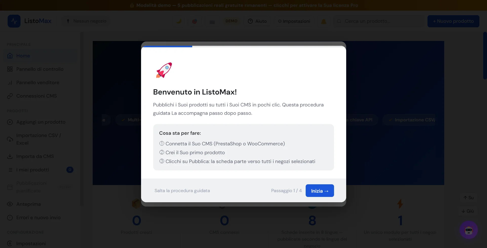 Assistente iniziale: benvenuto in ListoMax, passaggio 1 di 4