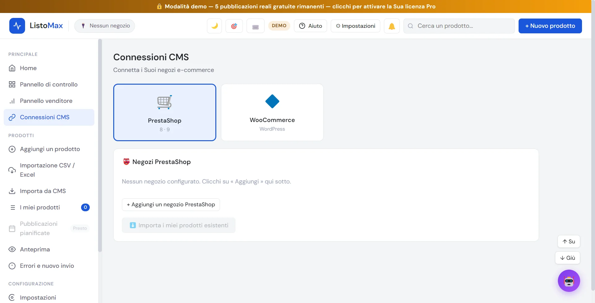 Schermata Connessioni CMS con PrestaShop e WooCommerce