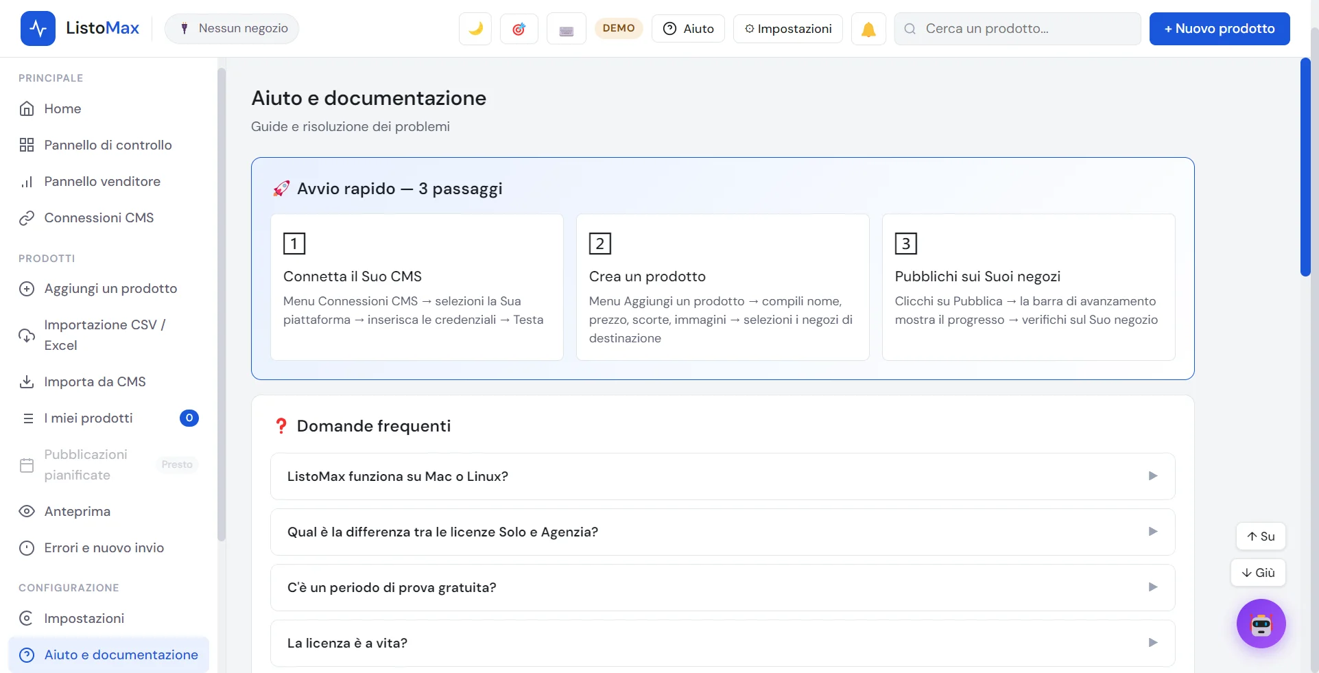 Schermata Aiuto e documentazione di ListoMax