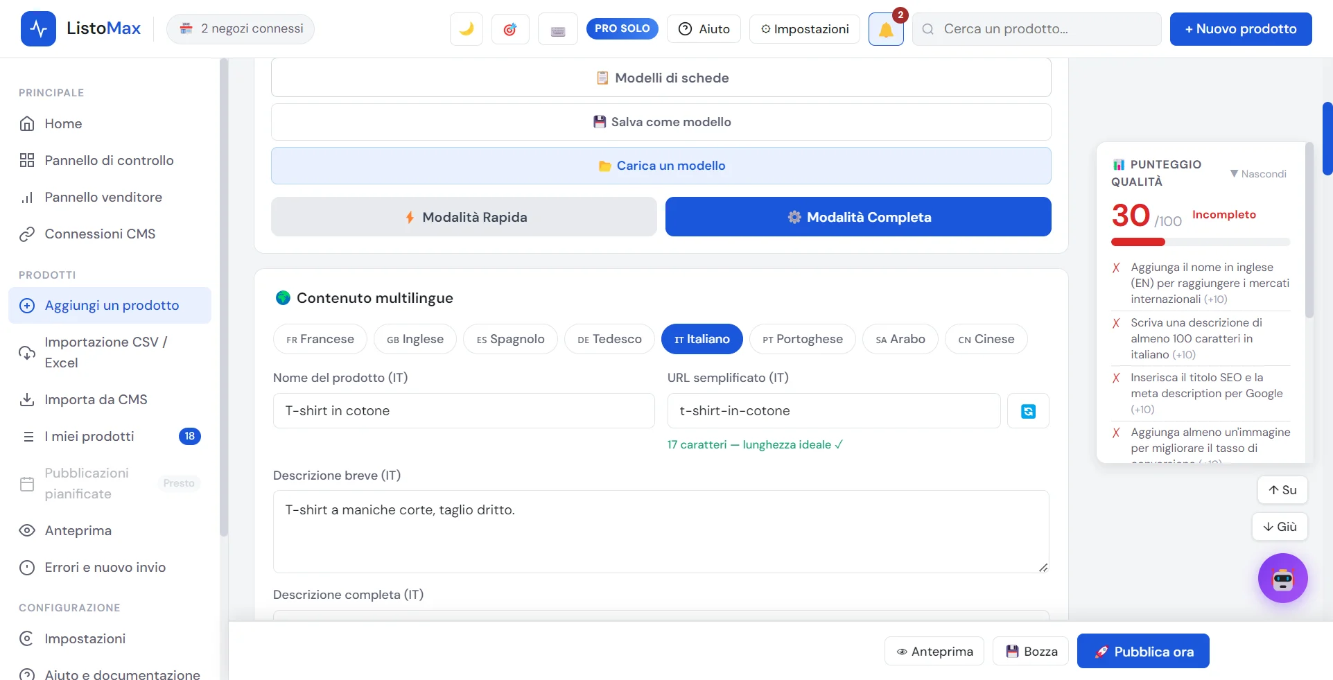 Schede di lingua del modulo prodotto
