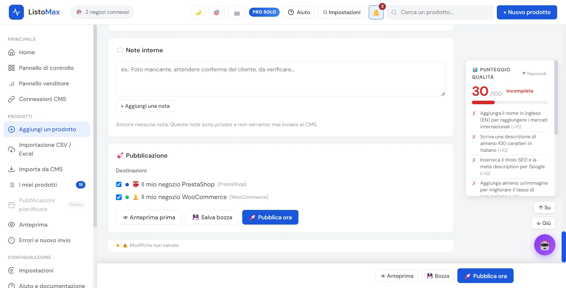 Area Pubblicazione: negozi selezionati e pulsante Pubblica ora