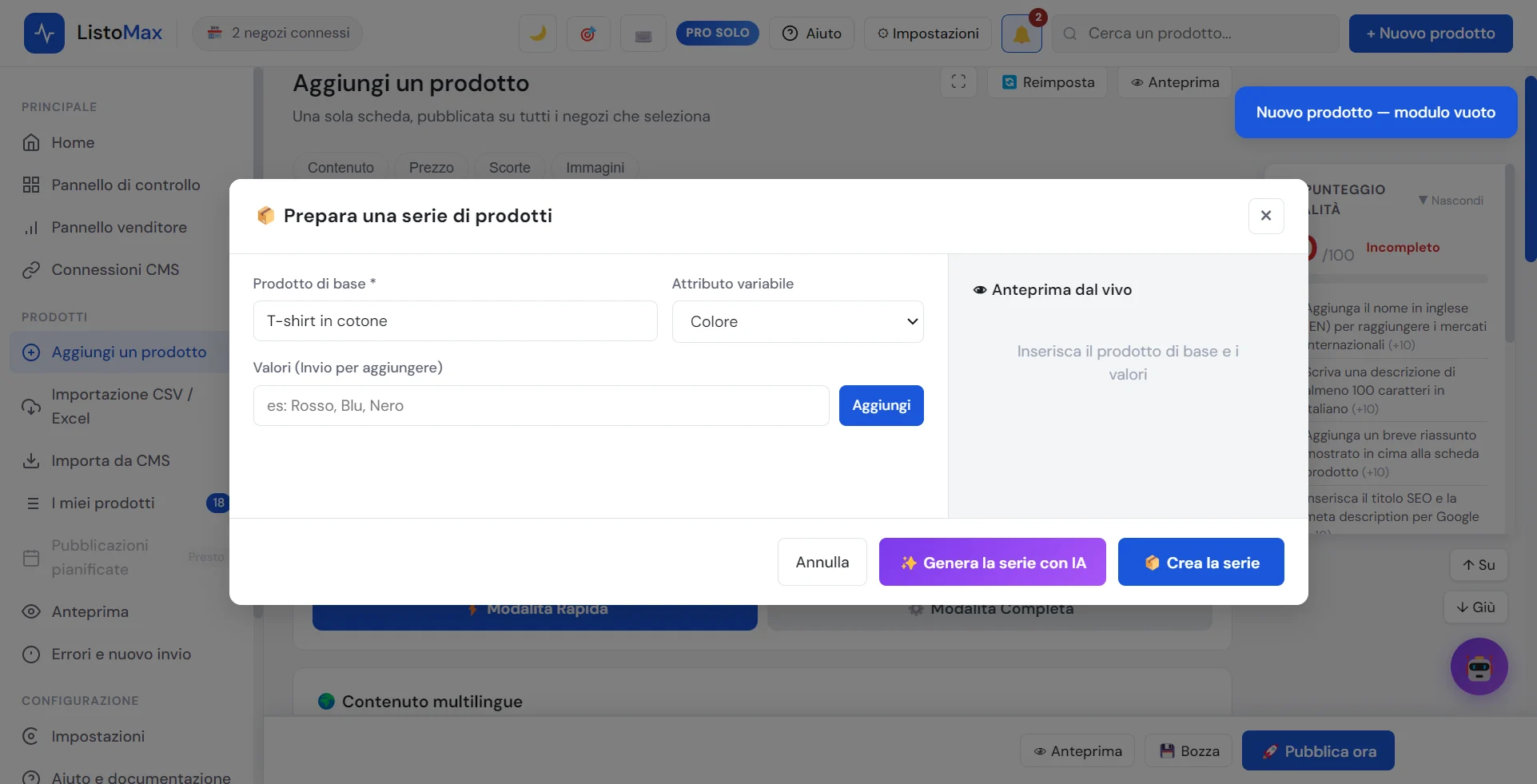 Finestra Prepara una serie di prodotti