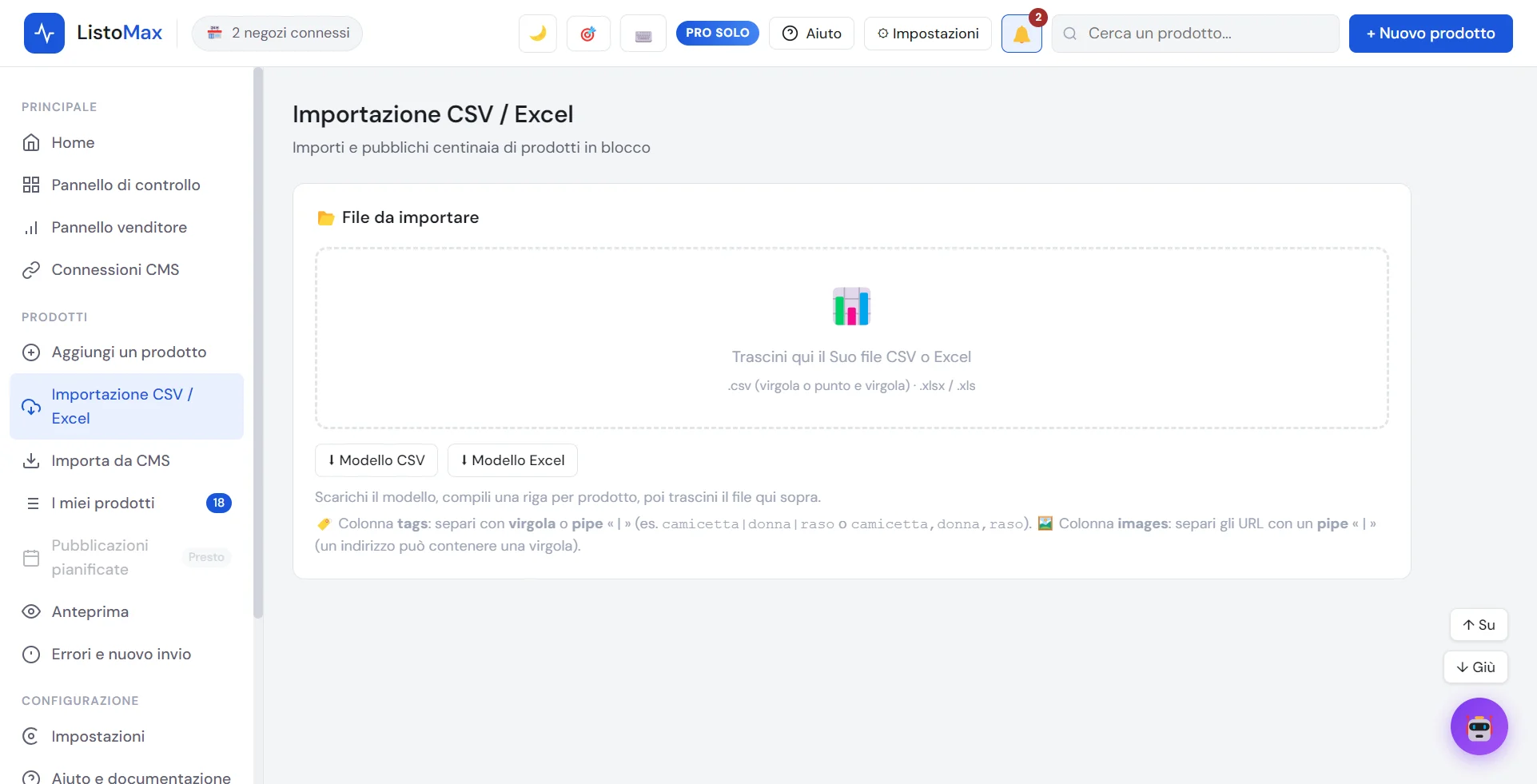 Schermata Importazione CSV / Excel
