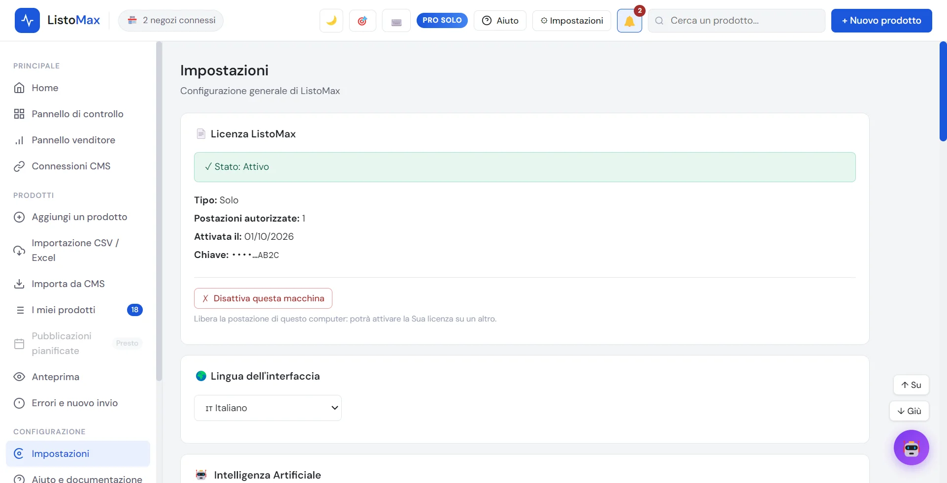 Impostazioni: licenza attiva, disattiva questa macchina, lingua dell’interfaccia