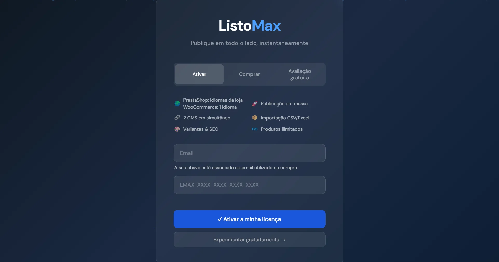 Ecrã de licença do ListoMax, separador Ativar: e-mail e chave