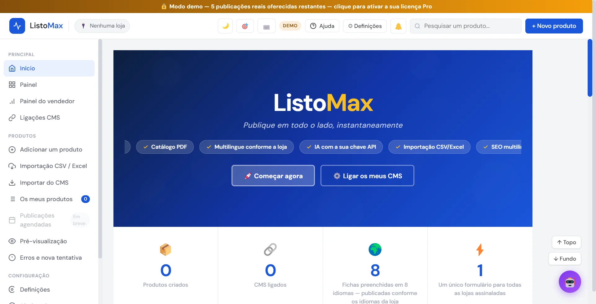 Ecrã inicial do ListoMax