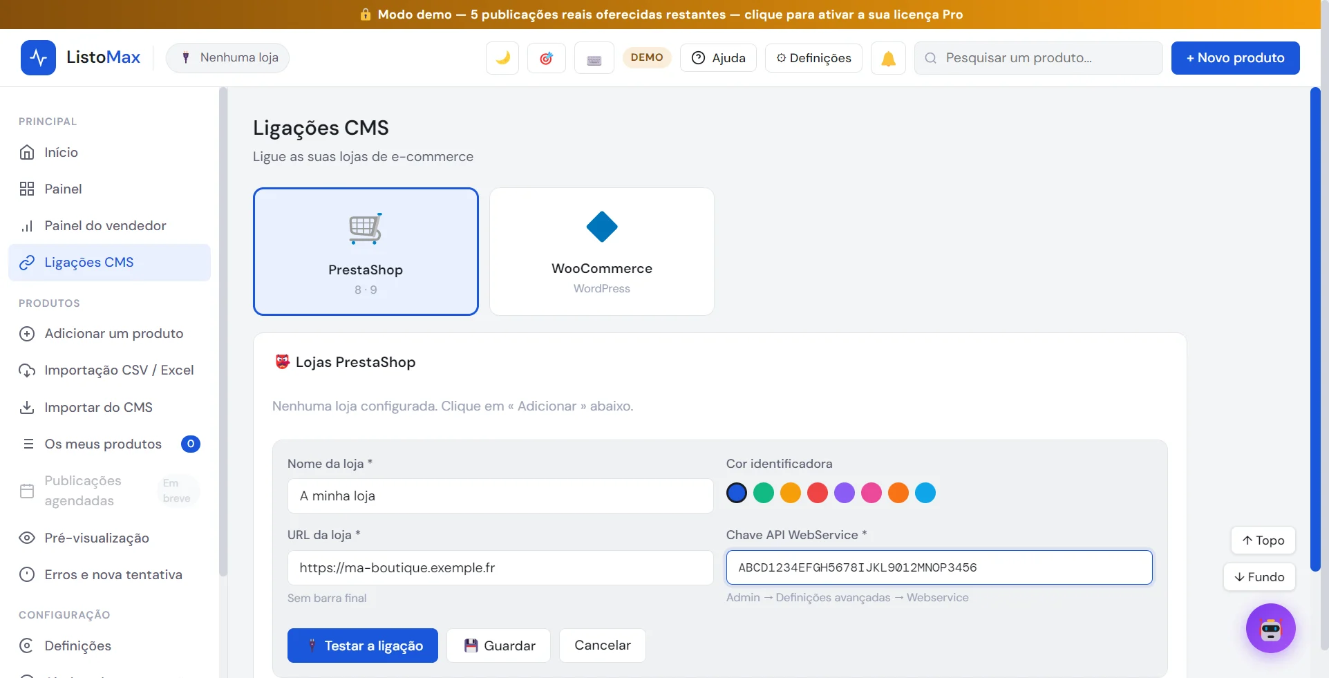 Formulário para adicionar uma loja PrestaShop
