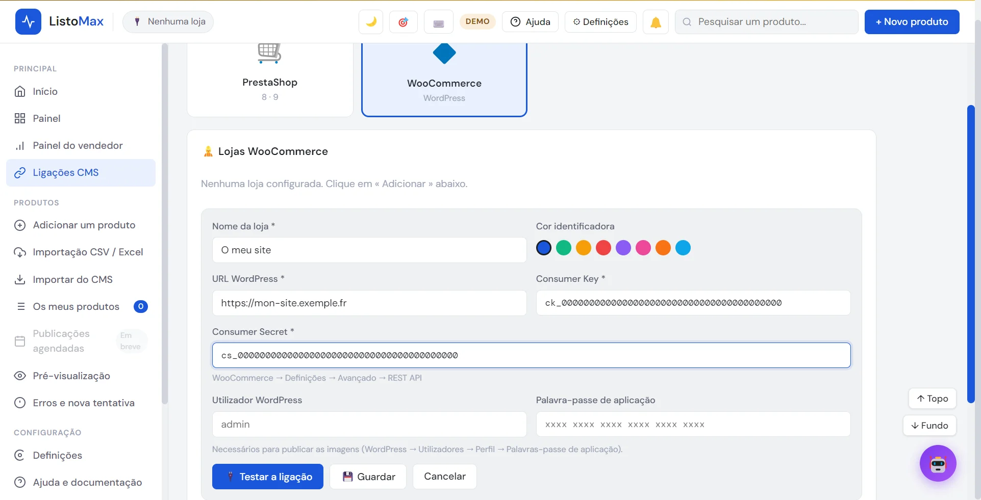 Formulário para adicionar uma loja WooCommerce